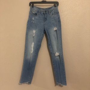 High-rise, distressed, cropped denim